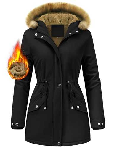 UMIPUBO Women's Coats Winter Parka Coat Warm Waterproof Jacket Fleece Lined Faux Fur Hooded Coat Long Sleeve Overcoats Zip Up Windproof Thick Trench Coats Outerwear