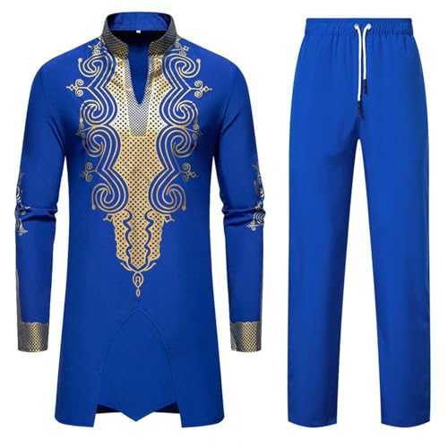 RLEHJN Men's African Two Piece Set Ethnic Style Floral Printed Dashiki and Pants Slim Fit V Neck Long Sleeve Tops & Trousers Outfit Traditional Suit Stand Collar Pullover Lounge Wear