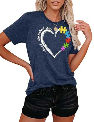 Autism Shirt Women's Autism Puzzle Piece T-Shirts Autism Gift T-Shirt Autism Heart Puzzle Tops