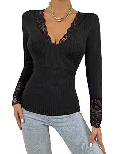 GORGLITTER Women's Floral Lace Trim Deep V Neck T Shirt Rib Knit Long Sleeve Fitted Sexy Tee Tops