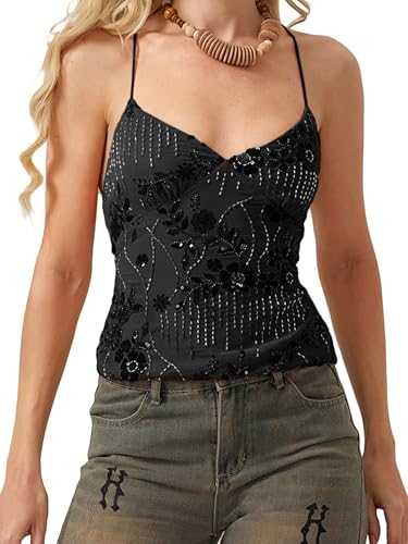 YILEEGOO Women Sequin Sparkle Open Back Criss Cross Straps Tank Top Y2k Pearl Embellished Cami Tops Sexy Bling Glitter Rhinestone Camisole
