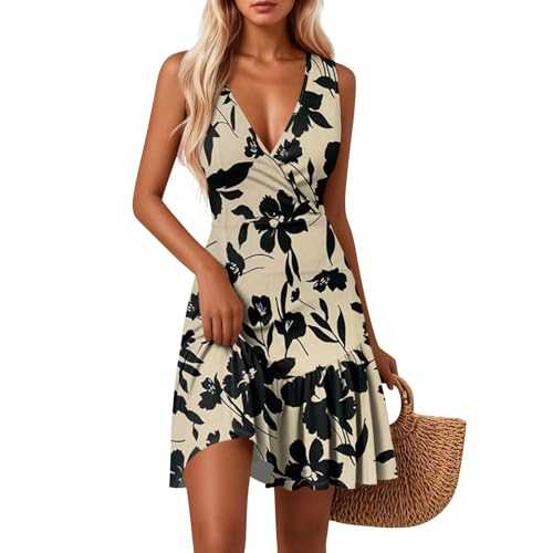 Summer Dresses for Women UK Sleeveless V-Neck Bohemian Print Dress Casual Beach Sundress with Ruffle Hem and Lightweight Fabric