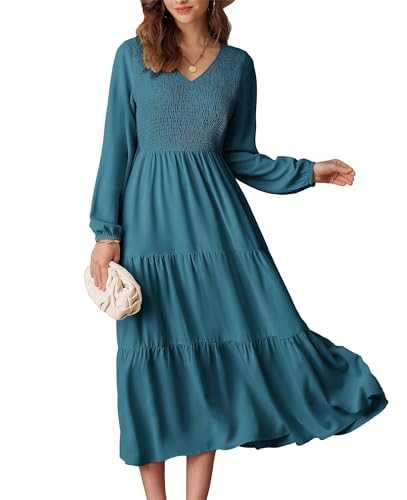 GRACE KARIN Women's V-Neck Casual Dress Smockd Pleated Loose Dress A-Line Elastic Waist Boho Maxi Dress