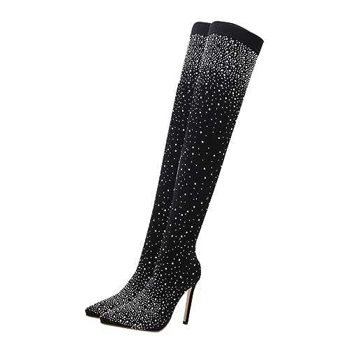 Healeved 1Pair Elegant Pointed High Heel Boots for Women Shining Rhinestone Detail for Work Dating Parties Comfortable Breathable Design Long Boots