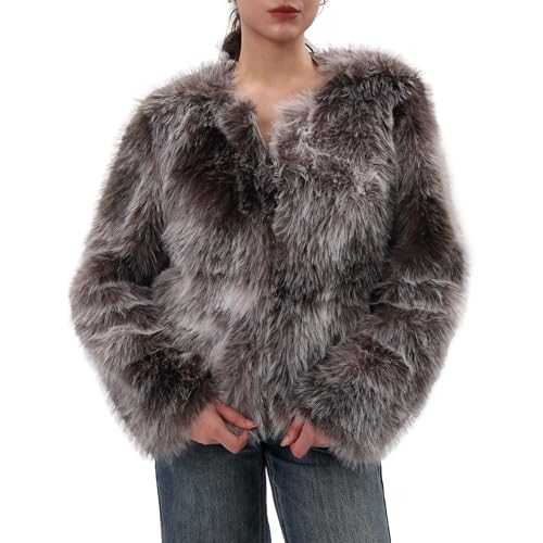 Amazhiyu Womens Faux Fur Coat, Winter Long Sleeve Zipper Jacket Crew Neck Outwear Plush Warm Cardigan with Pocket