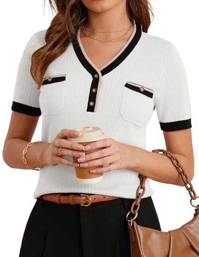 GRACE KARIN Women Tops Short Sleeve V-Neck Contrast Color Summer Lightweight Elegant Work Business Knit Jumpers