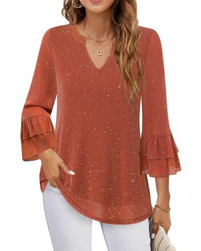 Womens Blouses Dressy Casual 3/4 Tiered Bell Sleeve Tops Double Layered Mesh V Neck Shirts