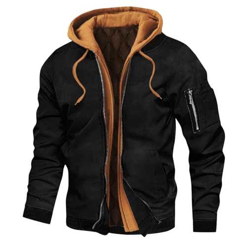 Bomber Jacket Men UK Sale Clearance Military Jacket Men Baseball Jacket Patchwork Hooded Jacket Coat Zip Up Long Sleeve Coats Hoodie Casual Cargo Outerwear with Pockets M-3XL