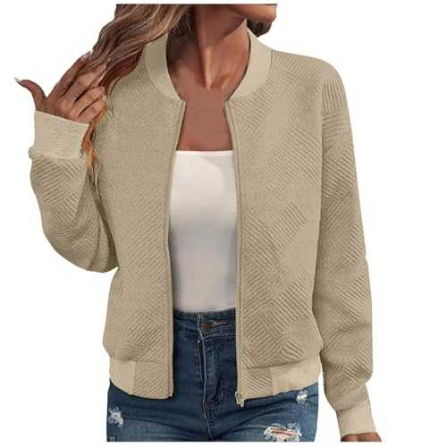 Womens Bomber Jackets Casual Stand Collar Full Zip Coats Plain Quilted Lightweight Jacket Long Sleeve Sweatshirt Dressy Tops Fall Fashion Short Cardigan Outerwear S-XXL Sale