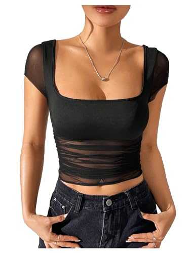 GORGLITTER Women's Mesh Sheer Square Neck Cap Sleeve T Shirts Ruched Sexy Skinny Rave Cropped Tops