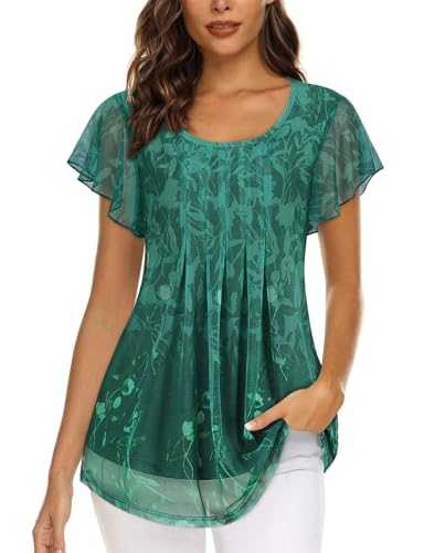 Akiooue Ladies Blouses Short Sleeve Tunic Tops Casual Crew Neck Ruffle Flowy Double Layers Mesh Shirts S-3XL