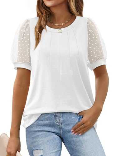 Aokosor Womens T Shirts Ladies Swiss Dot Tops Pleated Front T Shirt Puff Sleeve Summer Tops