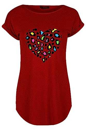 Fashion Star Womens Multicolored Heart Printed Round Neck Turn Up Cap Sleeve Summer T-Shirt