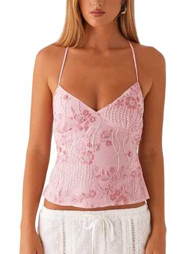 Women Y2K Sequin Cami Top Sexy Pearl Embellished Halter Tank Tops Sparkle Backless Summer Camisole