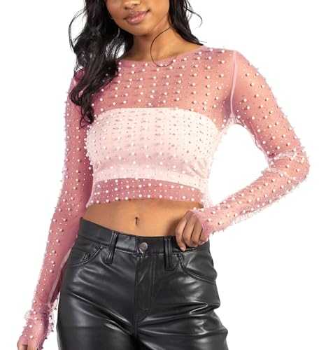 Cioatin Women Rhinestone Pearl Sheer Mesh Short Sleeve Sparkle Tops Y2K Sequin Beaded Crop Top Glitter See Through Shirt