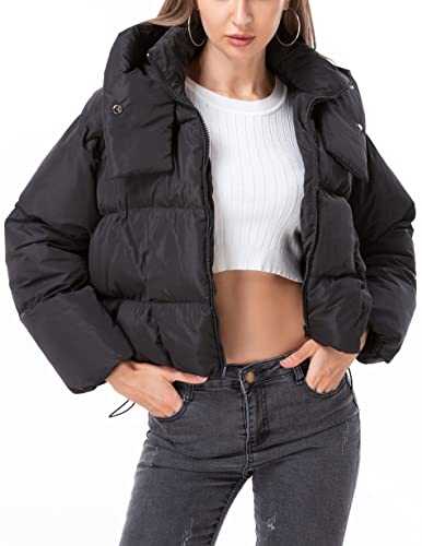 Women's Winter Fashion Cropped Bubble Jackets Stand Collar Hoodie Puffer Jacket Raglan Sleeve Quilted Coats