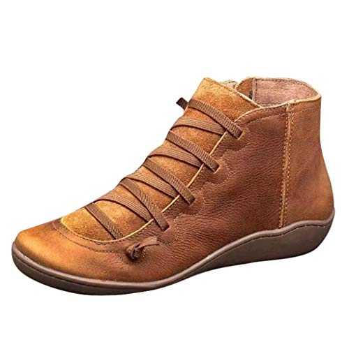 Lace-up Wedge Boots Arch Support Boots for Women Premium Orthopedic Ankle Boots Vintage Leather Comfortable Cute Side Zip Wedge Booties Fashion Anti-Slip Winter Casual Shoes Office Dress