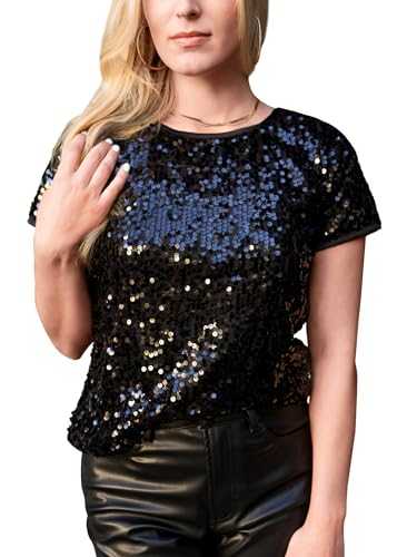 Anna-Kaci Women's Glitter Sequin Tops Short Sleeve Sparkly Shirt Blouse