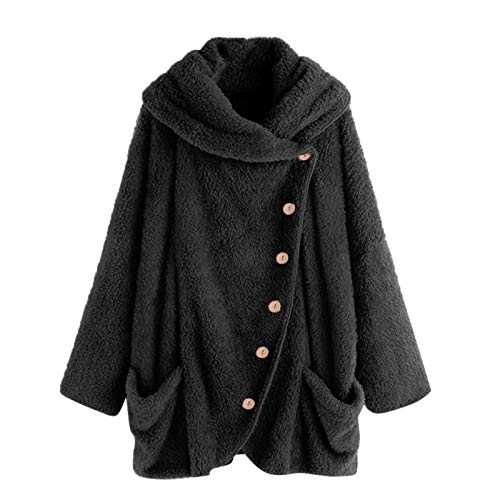 Zeiayuas Fleece Hoodie Women Winter Fluffy Fuzzy Jacket Teddy Bear Coat Hooded Soft Fur Cardigan Ladies Button Down Plain Sherpa Outwear Warm Plush Sweatshirt with Pockets Plus Size