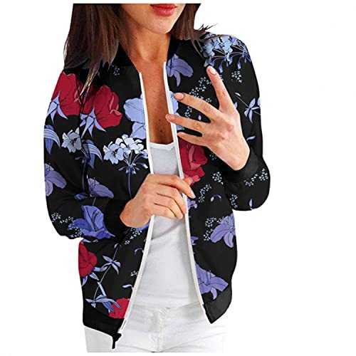 Women Bomber Jacket Zip Up Floral Print Lightweight Jackets Teen Girls Slim Fit Outdoor Sportwear With Pockets SIGOYI