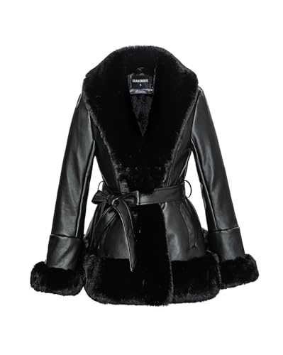 GRAN ORIENTE Women's Faux Leather Jacket with Faux Fur Collar Long Sleeve Parka with Pockets Warm Winter Coat with Belt