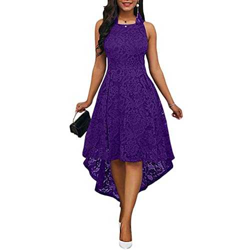 TSRING Women's Elegant Floral Lace Dress Sleeveless Crew Neck Hi-Lo Cocktail Dress for Evening Party Party Dress