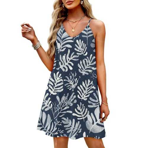 Women's Summer Floral Print Sleeveless A-Line Dress Casual Loose Fit Beach Sundress with V-Neck and Adjustable Straps