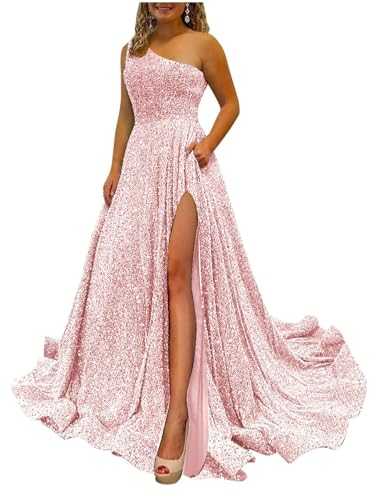 HPPEE Women's One Shoulder Prom Dresses for Teens Long with Slit Sparkly Sequin Formal Evening Dress
