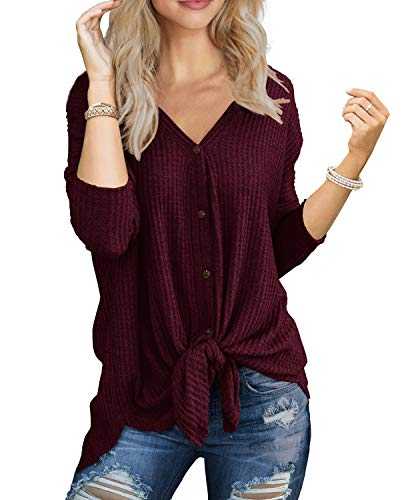 IWOLLENCE Women's Waffle Knit Tunic Knot Tie Blouse Long Sleeve Tops V-Neck Casual Loose Bat Wing Shirts