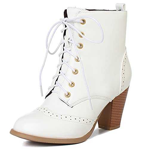 Onewus Women Lace-up Boots with Pointed Toe and Block Heel