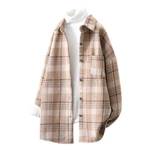 Fleece Lined Plaid Jacket Women Flannel Checked Shirt Jacket Lapel Button Down Fall Winter Plush Coats Fuzzy Warm Sherpa Lined Coat Tartan Patchwork Long Sleeve Overshirt Outwear Sale Clearance