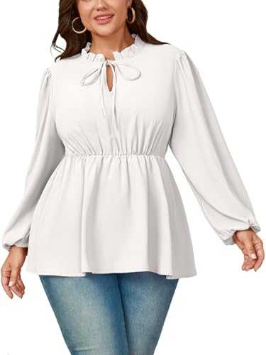 Womens Plus Size Blouse Tops Long Sleeve Tie Front Work Tops Dressy Casual Flowy Ruffle Peplum Tops for Women