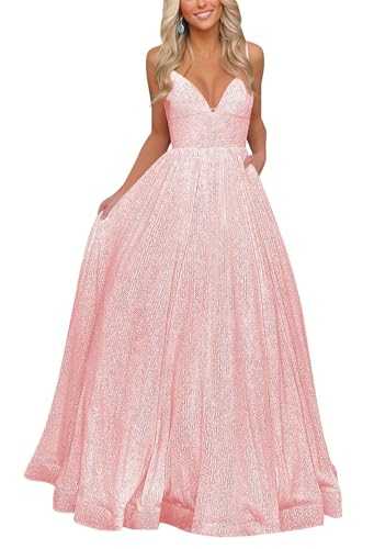 Sparkly Sequin Prom Dresses for Teens with Pockets A Line V Neck Spaghetti Strap Long Ball Gown