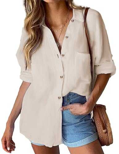 HOTOUCH Women Casual Blouse Cotton Long Sleeve Shirt Elegant Shirt Blouse with Buttons V-Neck Casual Work Shirt S-XXL