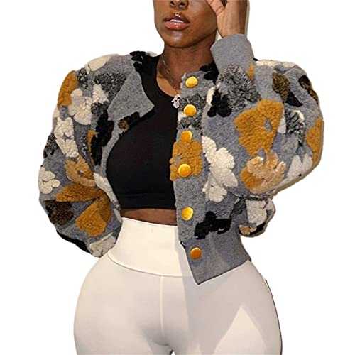 HOULENGS Women's Cropped Floral Print Bomber Jacket Long Sleeve Button Down Coat Outerwear