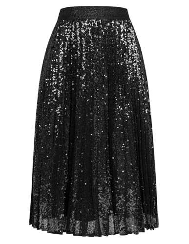 GRACE KARIN Women Sequin Skirts Ladies Autumn Glitter Elastic High Waist Pleated Dance Party Skirt