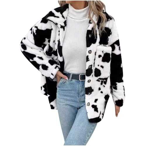 Fleece Lined Jacket Women Lapel Neck Long Sleeve Thermal Jackets Button Warm Coats Pockets Warm Sherpa Fleece Jacket Women Cow Print Teddy Jackets Winter Clothes Autumn Outfits