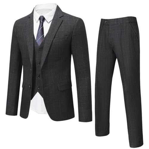 Mens Business Suits 3 Piece Slim Fit Suits 2 Button Check Suits Jacket Vest Trousers Wedding