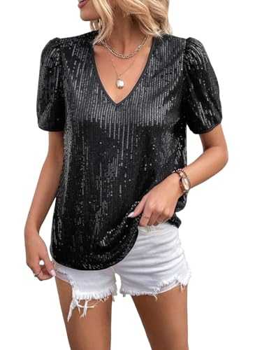 MINTLIMIT Women's Sequin Tops Short Sleeve Shimmer Glitter Top V Neck Sparkly Blouse Club Party Shirt