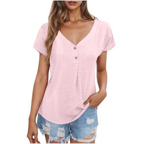 Short Sleeve Blouse for Women UK Ladies V Neck Buttons Tunic Tops Summer Casual Loose T Shirt Ladies Elegant Office Work Blouses Solid Color Breathable Summer Tshirt Tee