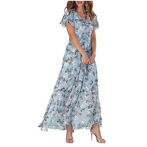 HYEMOZ Boho Chiffon Dress for Women 2024 Floral Beach Dress,Elegant Wrap V Neck Sundress Flowy Boho Dress Casual Vacation Dress