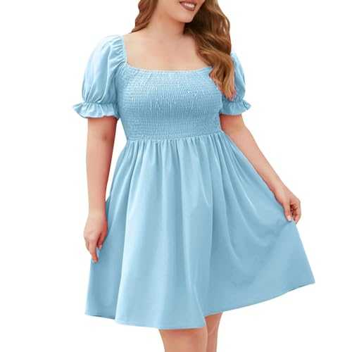 Zeiayuas Plus Size Dress for Women Ruffle Short Sleeve Square Neck Midi Dresses Summer Boho Casual Beach Dress Milkmaid Dress A-Line Vintage Swing Dress Ladies Elegant Party Dresses
