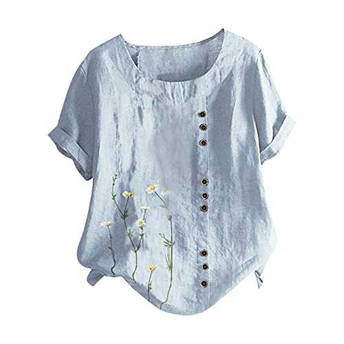 AMhomely Button Front Tops for Women's UK Summer Cotton Linen Short Sleeve Henley T-Shirt, Vintage Dandelion Print Blouse Loose Elegant Tee Shirts