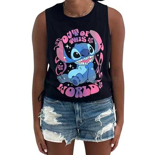 Disney Junior's Lilo and Stitch Crop Top Tank T-Shirt with Side Tie- Juniors Ladies Sizes XS-3XL