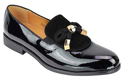 Mens Black Patent Real Leather Glossy Rope Bow Tie Metal Trim Loafers Wedding Party Dress Shoes