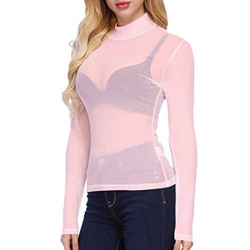 Women's Mesh Tops Basic Long Sleeve Mesh Top Sheer See Through Blouse T Shirts Clubwear