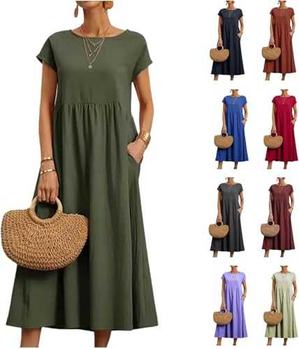 Womens Summer Maxi Dress Casual Short Sleeve Crew Neck Swing Dresses Flowy Party Dress with Pockets for Holiday