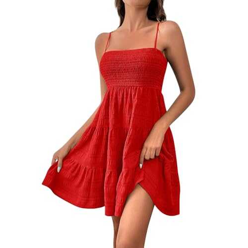 HYEMOZ Summer Tiered Dress for Women Spaghetti Strap Ruffle Smocked Bodice Mini Dress Elastic High Waist A Line Plain Dresses