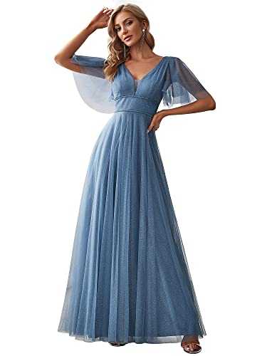 Ever-Pretty Women's Deep V Neck Short Sleeve Floor Length A-Line Empire Waist Elegant Glitter Tulle Bridesmaid Dresses EE00278