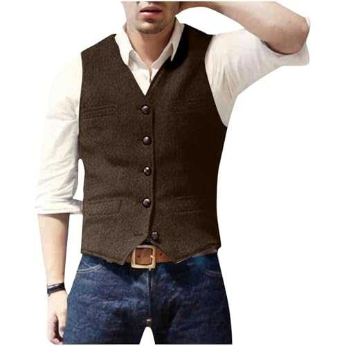 Men's Wool Tweed Waistcoat UK Clearance Herringbone Suit Vest Single Breasted Tank Tops Sleeveless Shirt V Neck T Shirts Plain Casual Jacket Slim Fit Coat Formal Business Blouse Wedding Party Costume